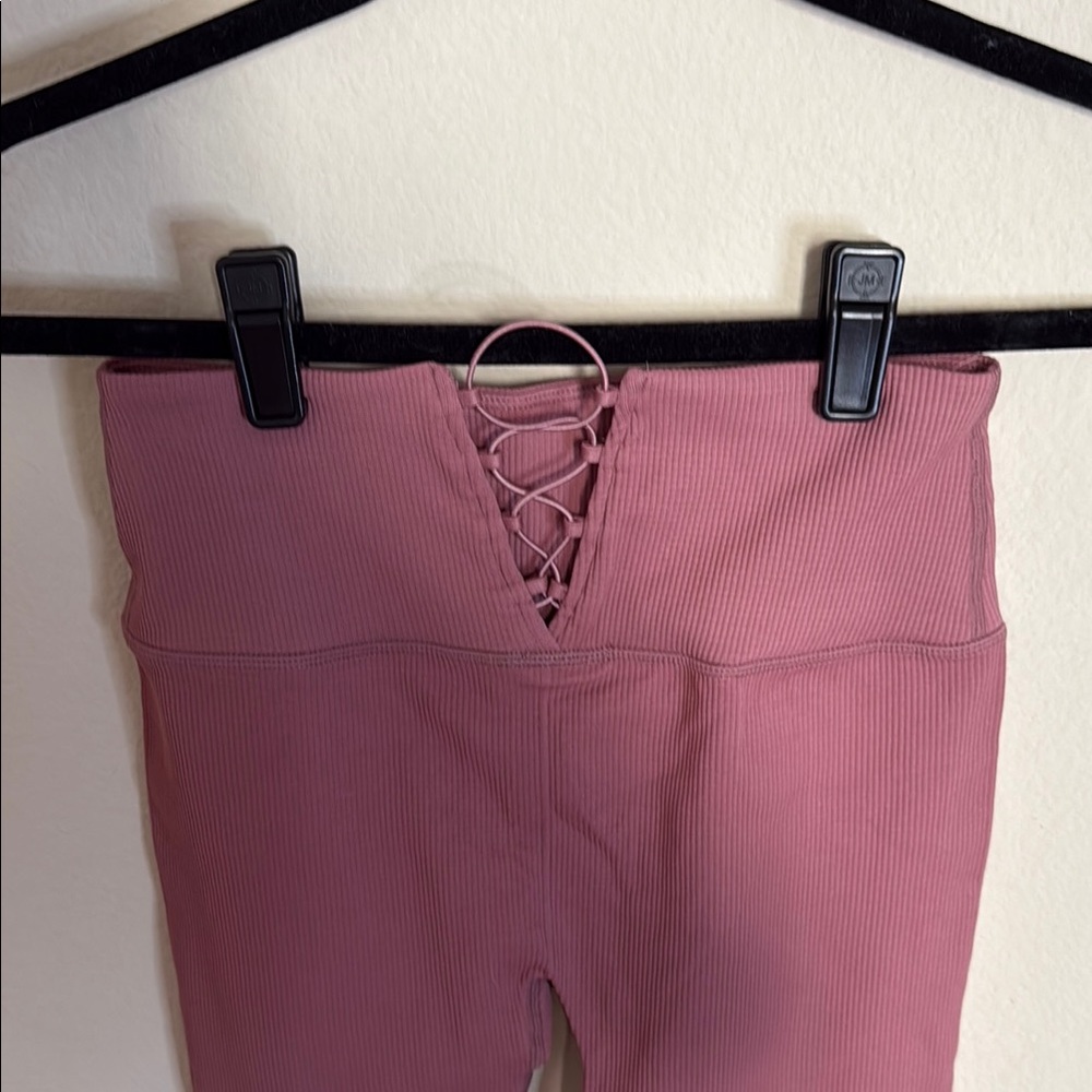 Lace Up Back Ribbed Pink Leggings - Picture 7 of 10